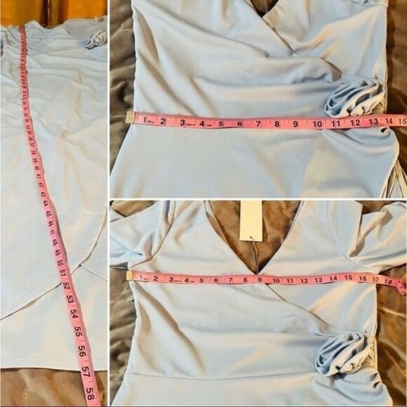 WAYF Long Sleeve Faux Wrap Surplice Front Dress Rosette Powder Blue M NWT - Picture 12 of 12